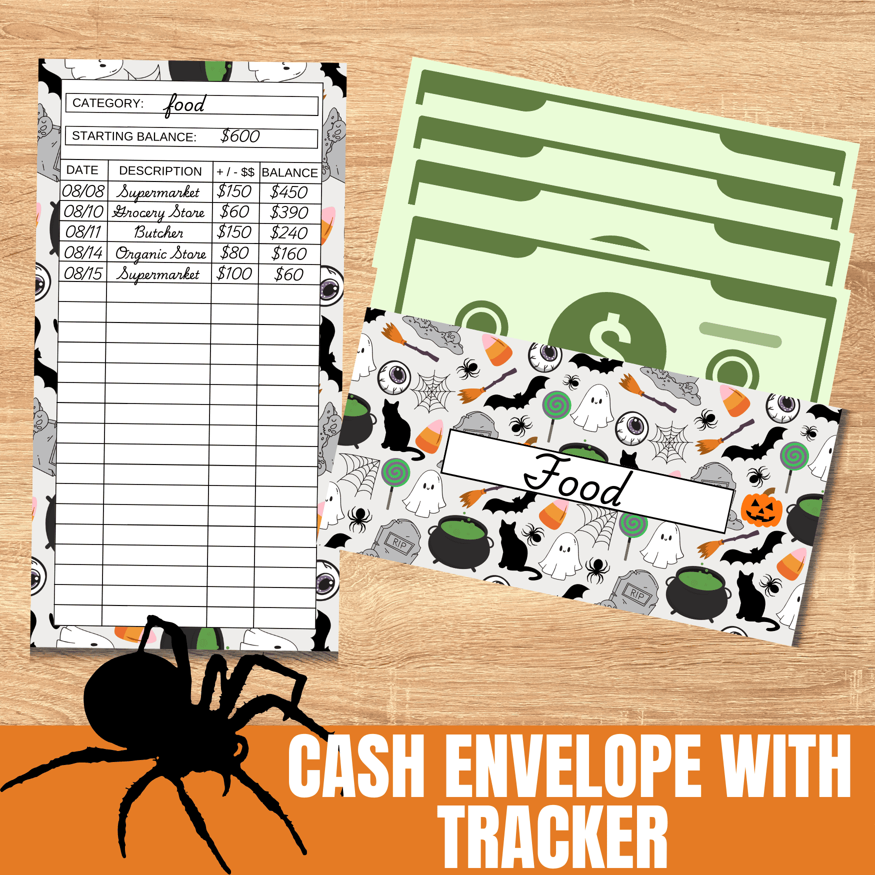 Halloween theme cash envelopes on a wooden table