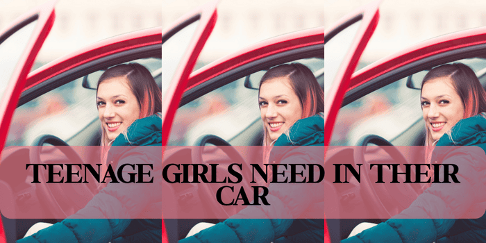 teen wearing red coat sitting in driver seat in car - teenage girls need in their car
