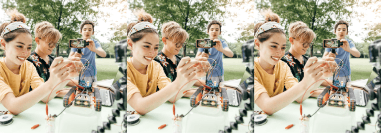 Group of teens recording their project outside in the park - Make money online as a teen