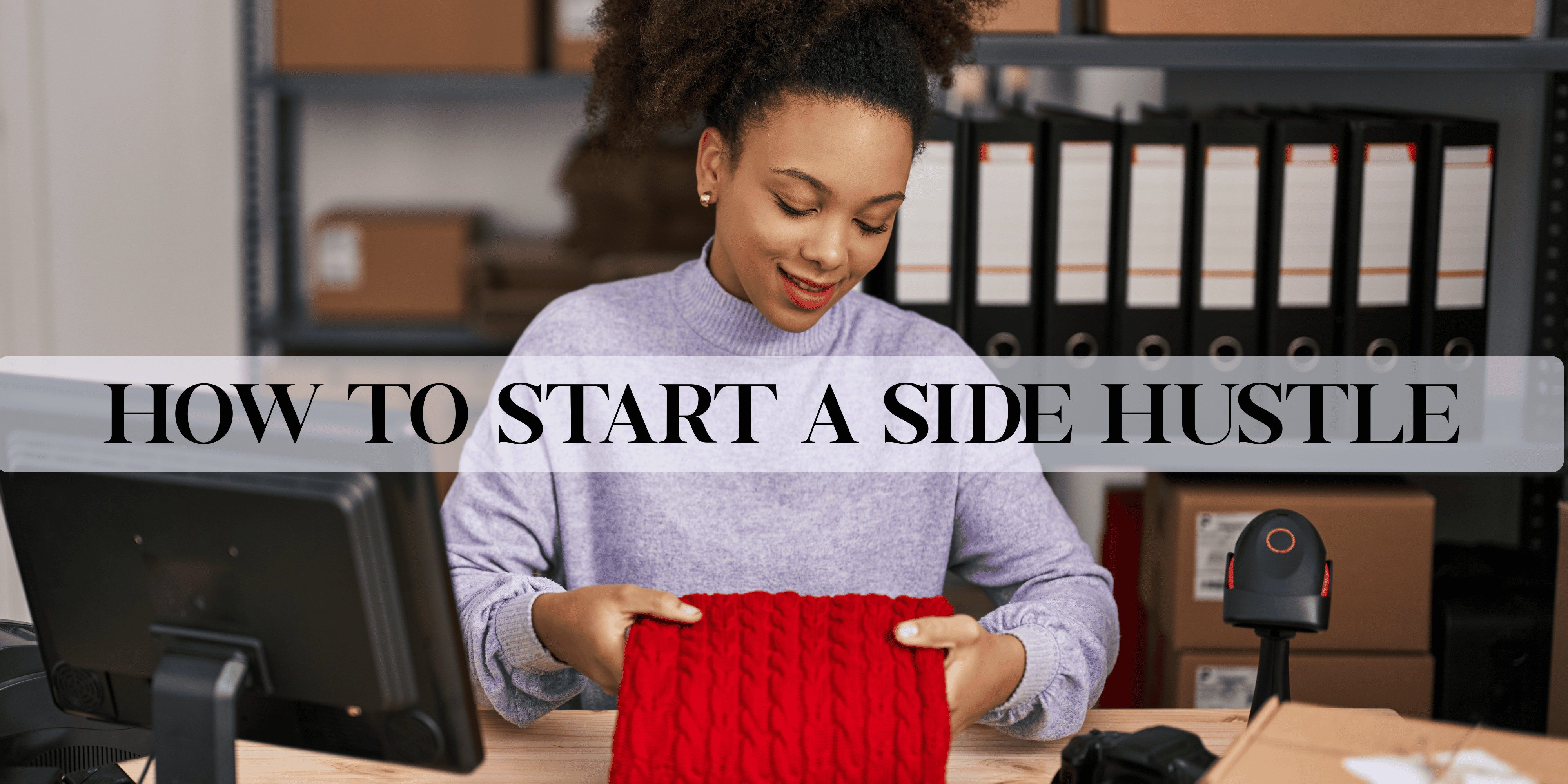 Woman entrepreneur packing red sweater order at her workspace - practical example of how to start a side hustle in e-commerce or clothing resale from home