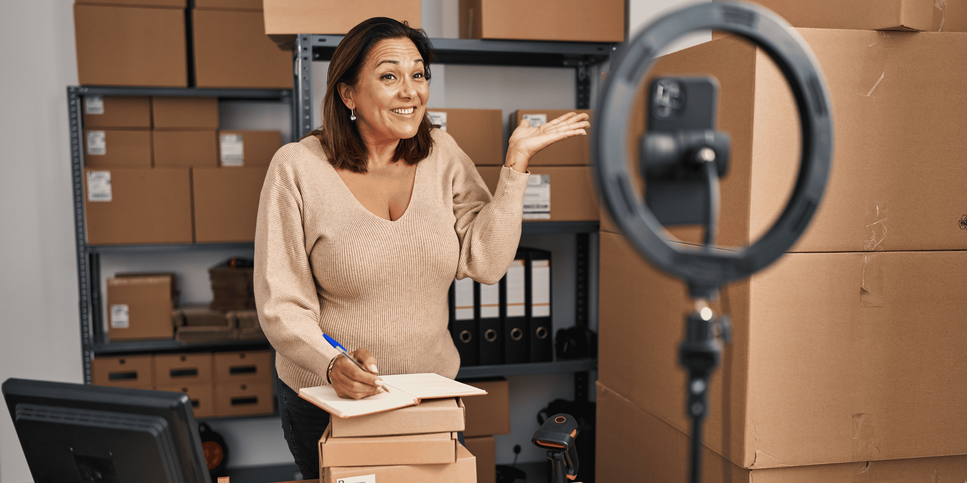 Woman creating marketing video of products at her work table - demonstrating how to start a side hustle through content creation and social media promotion