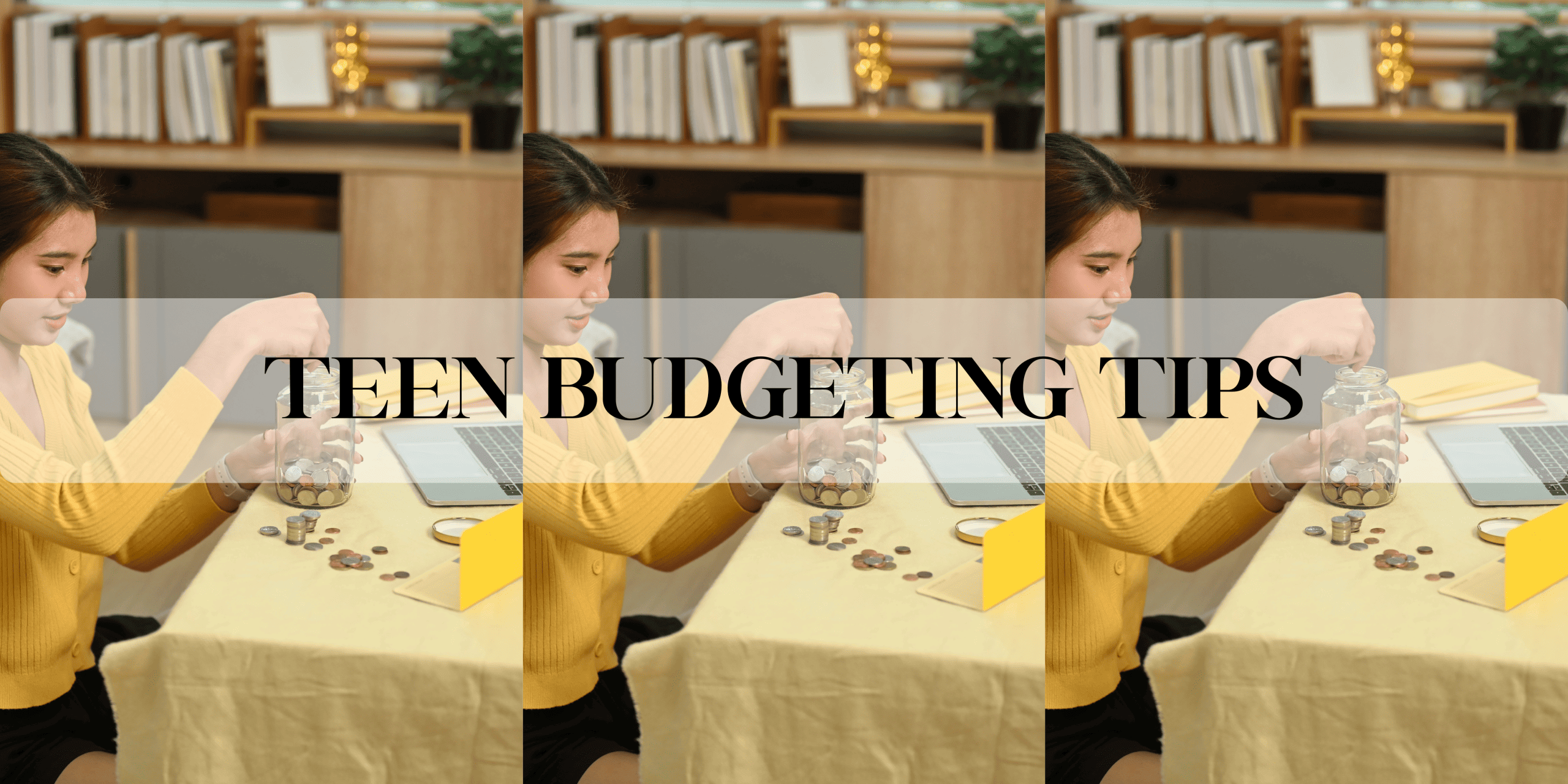 Teen Budgeting Tips - Teen putting money in a piggy bank sitting in living room