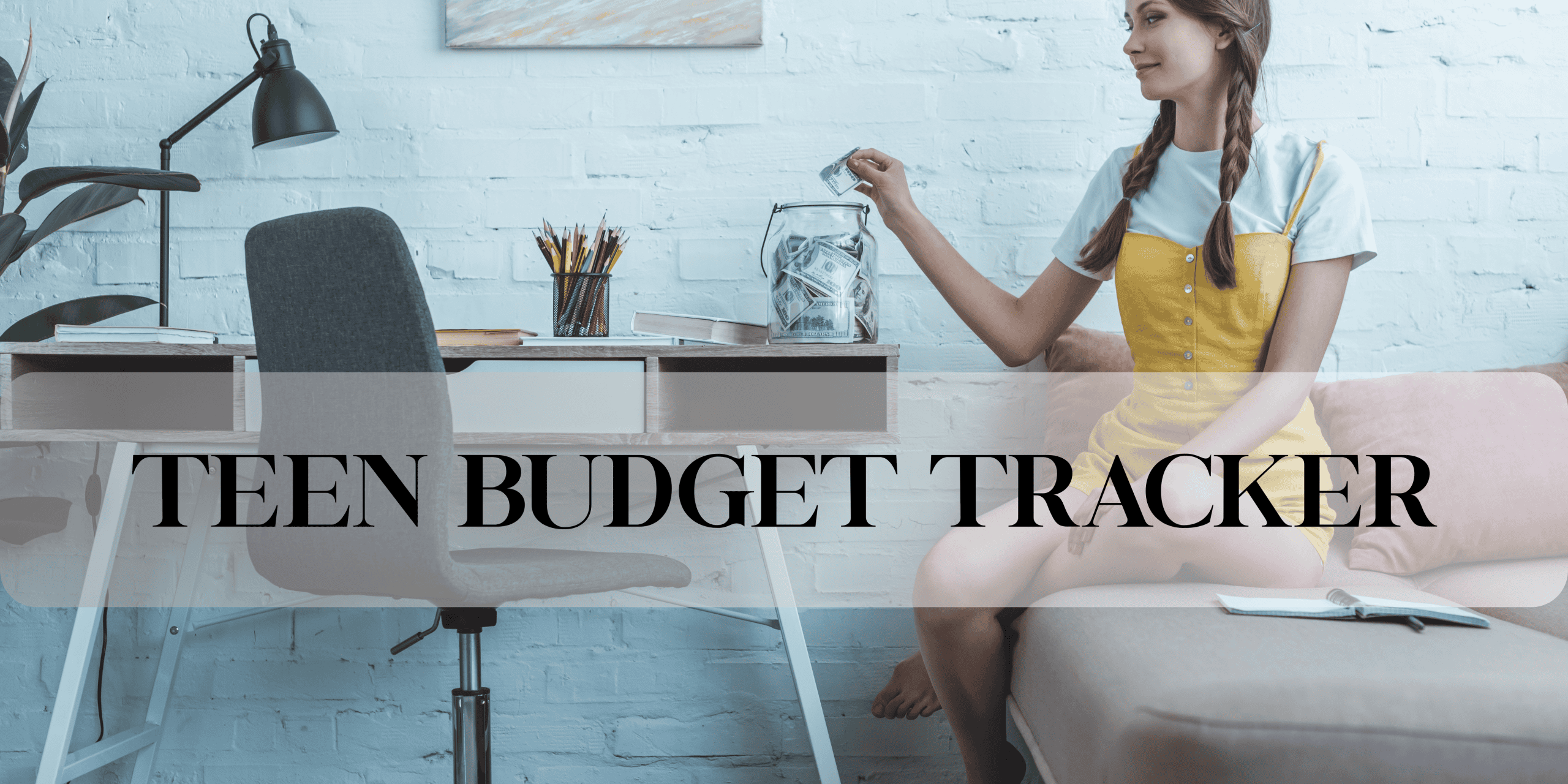 Teen putting money using glass jar sitting on bed