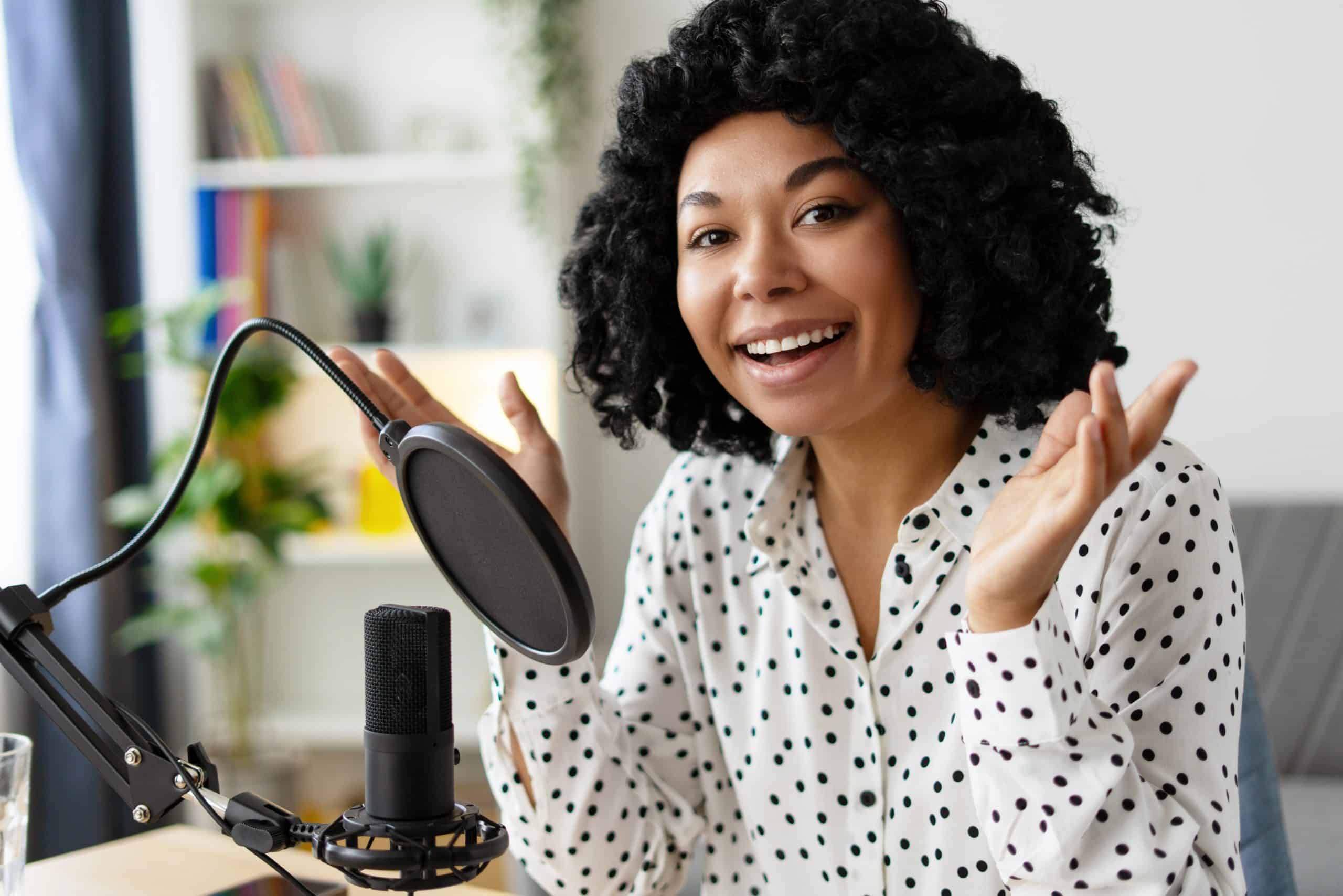 Woman talking on podcast