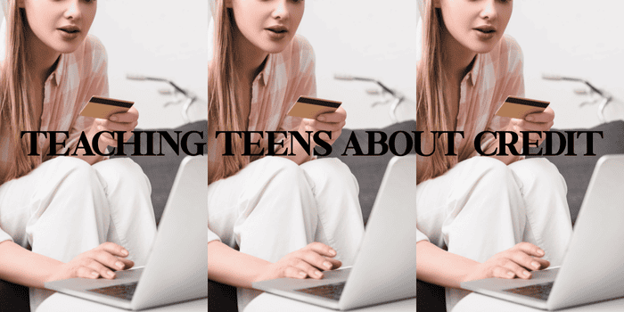teen sitting in front of laptop holding credit card in her hand - teaching teens about credit
