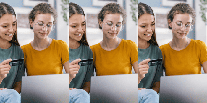 Two Teenage girls using their cards to go shopping online - teen banking basics