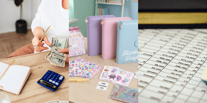 Binders with trackers and journals scattered on a desk: Graduation Money Management Gifts