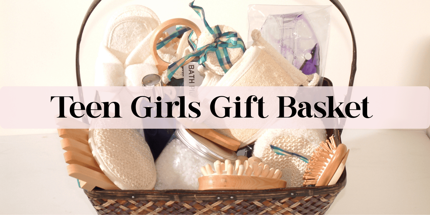 A Gift basket on a table with self care items