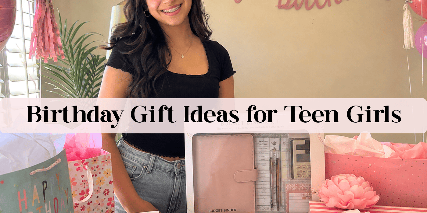 Teen girl standing in front of her birthday gift table. Birthday Gift Ideas for Teen Girls