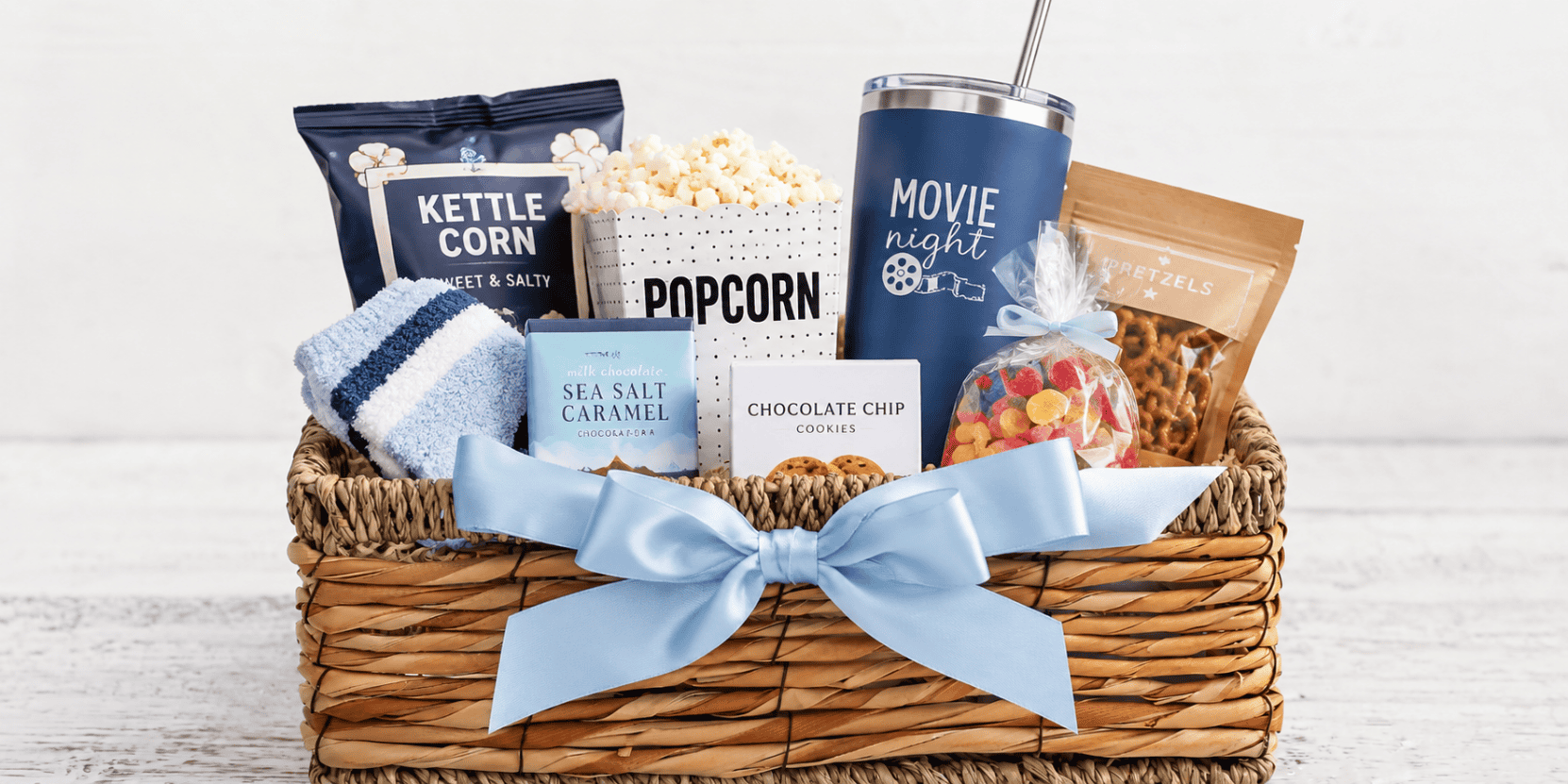 A gift basket on a table for movie or snack time - Teen Girls Gift Basket